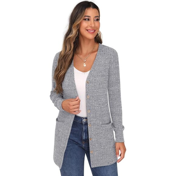Grecerelle Womens Gray Open Front Button Down Ribbed Knit Lightweight Sweaters - Picture 2 of 5
